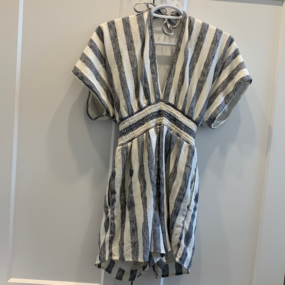 Striped V-Neck Romper in White & Gray